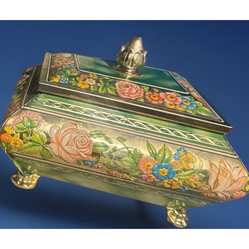 Vintage Blue Bird Confectionery Footed Tin English Floral | Dark Cottage Vanity - Picture 2 of 10